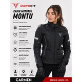 Motokit Crazybull Carmen Siyah Kadın 4 Mevsim 3 Katmanlı Korumalı Reflektörlü Motosiklet Montu