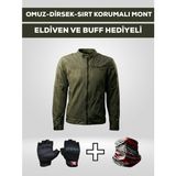 Motokit Revertech Aura Yeşil / Bel, Dirsek ve Sırt Korumalı Motosiklet Montu + ELDİVEN VE BUFF HEDİYELİ M - Haki - Yeşil