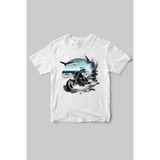 Motorcu Temalı Chopper Motorsiklet ve Deniz Baskılı Regular Fit %100 Pamuk Bisiklet Yaka T-Shirt - Beyaz