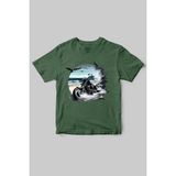 Motorcu Temalı Chopper Motorsiklet ve Deniz Baskılı Regular Fit %100 Pamuk Bisiklet Yaka T-Shirt - Haki Yeşil