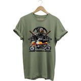 Motorsiklet Tişörtü Katana Motor Kurt ve Motorcu Baskılı Regular Fit %100 Pamuk T-Shirt - Haki