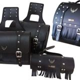 Motosiklet 5'li Set Takım Deri Yan Heybe Sosis Arka Çanta ve Elçik Püskül Chopper Siyah Model Motor Heybe Çantası