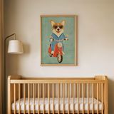 Motosikletli Sevimli Köpek Çocuk Odası Duvar Posteri Çerçeveli Tablo Duvar Dekorasyonu - 30 x 40 - Ahşap Çerçeveli