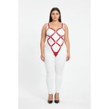 Motto10butik Büyük Beden Kırmızı Kadın Deri Full Body Harness Takım Halka Detaylı Vücut Aksesuarı - -