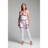 Motto10butik Büyük Beden Kırmızı Kadın Deri Görünümlü Fiyonk Detaylı Jartiyer Harness Takım - APFT31 Kırmızı-S/M