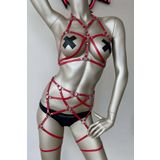 Motto10butik Kırmızı Deri Jartiyer Harness Takım Siyah-L/XL