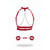 Motto10butik Kırmızı Harness Takım Zincir Detaylı Deri Vücut Seti - APFT720 Taba-2XL/3XL