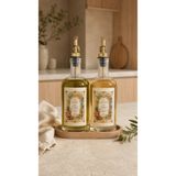 Mottogo 2’li Cam Yağlık Seti Gold Akıtma Başlıklı Ahşap Standlı Zeytinyağı ve Ayçiçek Yağı Şişesi- 500 ml