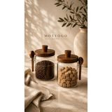 Mottogo Kahve Köşesi 700ML Akasya Kapaklı Kaşıklı Cam Kavanoz Seti – Kahve & Şeker Organizeri- Baharatlık - Kahverengi - Şeffaf - 2 Adet - 700 ml
