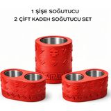 Mottopi Termojelli Şişe Soğutucu ve 2 Adet Çift Kadeh Bardak Soğutucu Ehlikeyf Set-Kırmızı