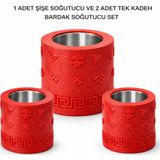 Mottopi Termojelli Şişe Soğutucu ve 2 Adet Tek Kadeh Bardak Soğutucu Ehlikeyf Set-Kırmızı