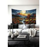Moud's Pastel Dağ Manzarası Desenli Duvar Halısı Duvar Örtüsü Tapestry Süet Dokulu Kumaş
