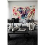 Moud'S Renkli Fil Ve Çiçekler Desenli Duvar Halısı Duvar Örtüsü Tapestry Süet Dokulu Kumaş