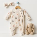 Mou&kou %100 Organik Pamuklu Tavşan Baskılı Patikli Tulum - 3 - 6 Ay - Ekru