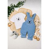 Mou&kou 9-12-18-24 Ay 2'li Bebek Salopet Takım %100 Pamuk Tavşan Kulaklı Salopet Tulum - Mavi - 9-12M