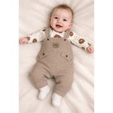 Mou&kou Erkek Bebek Pamuklu Ayıcıklı Salopet ve Badi Takımı Çorap Hediyeli - Kahverengi - 3-6 M