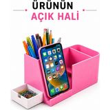 MourLab Katlanabilir Çekmeceli Masa Düzenleyici, Telefon Standı Kalemlik Masaüstü Organizer, Dayanıklı Sert Plastik. - Pembe