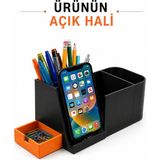 MourLab Katlanabilir Çekmeceli Masa Düzenleyici, Telefon Standı Kalemlik Masaüstü Organizer, Dayanıklı Sert Plastik. - Siyah