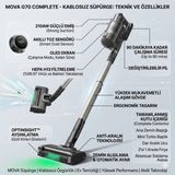 Mova Complete Şarjlı Süpürge Siyah | 210 Aw Yüksek Çekiş Gücü, Hepa Filtreli Antialerjik Yapı, 90 Dk Şarj Ömrü, Lazer Işıklı Başlık ve Akıllı Zemin Algılama Özellikli Kablosuz Dik Süpürge - Gri - Siyah