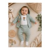 Movamirbaby Erkek Bebek 3’lü Ayıcık Nakışlı Takım Kapüşonlu Hırka Body Pantolon %100 Pamuklu