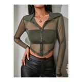MOVİMENT Haki Kadın Uzun Kollu Tül Crop Gömlek | Düğmeli Bisiklet Yaka Örme Crop Bluz | Günlük Casual Şeffaf Tül Kadın Üst Giyim