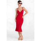 Moviment Kadın Kırmızı Bodycon Midi Elbise | Ince Askılı V Yaka | Cut Out Dekolte Detaylı Volanlı Etek | Scuba Krep Örme Kumaş | Vücuda Oturan Şık Davet Gece Ö - XL