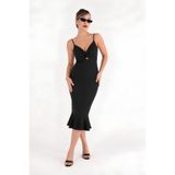 MOVİMENT Kadın Siyah Bodycon Midi Elbise | İnce Askılı V Yaka | Cut Out Dekolte Detaylı Volanlı Etek | Scuba Krep Örme Kumaş | Vücuda Oturan Şık Davet Gece Öze