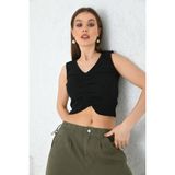 Moviment Kadın Siyah Büzgü Detaylı V Yaka Örme Crop Bluz - XS