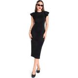Moviment Siyah Fitilli Bodycon Midi Kalem Elbise | Volanlı Fırfırlı Kısa Kol | Bisiklet Yaka Vücuda Oturan Kalıp | %98 Pamuk %2 Elastan Esnek Kaşkorse Örme Kum - XL