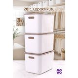 MOWO 20 Litre 3 Adet Beyaz Kapaklı Saklama Kutusu, Dolap Düzenleyici, Sepet, Organizer Oyuncak kutusu