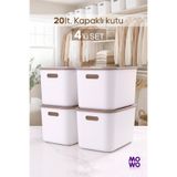 MOWO 20 Litre 4 Adet Beyaz Kapaklı Saklama Kutusu, Dolap Düzenleyici, Sepet, Organizer Oyuncak kutusu