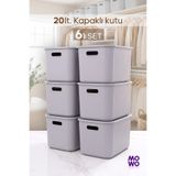MOWO 20 Litre 6 Adet Gri Kapaklı Saklama Kutusu, Dolap Düzenleyici, Sepet, Organizer Oyuncak kutusu