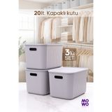 Mowo Home 20 Lt Gri 3 Adet Düzenleyici Kapaklı Kutu, Dekoratif Saklama Kutusu, Organizer