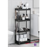 Mowo Home Mowo 4 Katlı Siyah Tekerlekli Banyo Rafı, Mutfak Rafı, Havluluk, Deterjanlık Makyaj Organizer Vesken