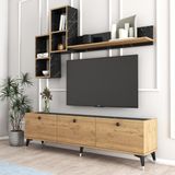 Moxen Mobilya Mt2 Mira Duvar Raflı Tv Sehpası - Kitaplıklı Tv Ünitesi Modern Sepet-Bendir /mermer DESENLİMXNMT2002SPT - Ceviz - Siyah