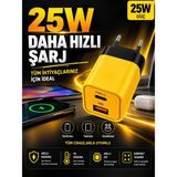 Moxti 25W Hızlı Şarj Adaptörü + Type-C To Type-C Kablo Seti | Pd & Qc 3.0 Destekli | USB + Type-C Çift Giriş - Sarı