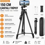 Moxti Profesyonel Kamera 150 cm Çantalı Tripot Telefon Tutucu Bluetooth Kumandalı Vlog Video Çekim Tripodu - Siyah