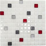 MozaiKristaL Tüm Yüzeyler Için 25X25MM. Beyaz-Siyah Simli-Gümüş Simli-Kırmızı Simli, 31,5X31,5CM. Fileli Cam Mozaik ve Kristal Mozaik Mix. - Mozaik ölçüleri: 25x25mm. - File Karo ölçüsü: 31,5x31,5cm. - Renkli