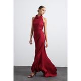 Mozto Halley Halter Yaka Kuyruklu Maxi Bordo Saten Elbise