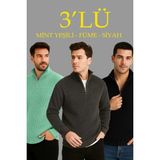 Mrayss Erkek Fitilli Triko Kazak 3’lü Set – Mint Yeşili, Siyah, Füme Kalın Dokuma Pamuklu Regular Fit V Yaka Fermuarlı Uzun Kollu Rahat Kışlık Kazak Kombini - XL - Mint Yeşili - Siyah - Füme