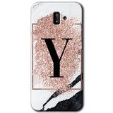 MRCİLETİSİM mrc187826 Pembe Mermer Desenli Y Harfi Kılıf HD Desen Baskılı Arka Kapak + Temperli Cam Samsung Galaxy J8 ile uyumlu
