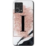 MRCİLETİSİM mrc77318 Pembe Mermer Desenli I Harfi Kılıf HD Desen Baskılı Arka Kapak+Temperli Cam Oppo Reno 7 4G ile uyumlu