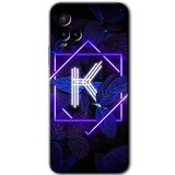MRCİLETİSİM mrc89029 Dark Neon Yaprak K Harfi Kılıf HD Desen Baskılı Arka Kapak Temperli Cam Vivo Y21s ile uyumlu