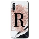 MRCİLETİSİM mrc90528 Pembe Mermer Desenli R Harfi Kılıf HD Desen Baskılı Arka Kapak Temperli Cam Xiaomi Mi 9 SE ile uyumlu