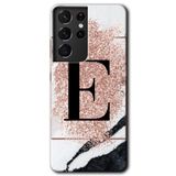 MRCİLETİSİMmrc-9113 Pembe Mermer Desenli E Harfi Kılıf HD Desen Baskılı Arka Kapak Samsung Galaxy S21 Ultra ile uyumlu