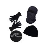 Mrey Erkek Siyah Kışlık Termal Polar Eldiven - Kar Maskesi Motorcu Kask İçi - Siyah Bere 3'lü Set Takım