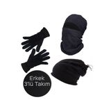 Mrey Erkek Siyah Kışlık Termal Polar Eldiven - Kar Maskesi Motorcu Kask - Ipli Bere Boyunluk 3'lü Set