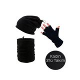 Mrey Kadın Siyah Kışlık Termal Polar Kesik Parmak Eldiven - Polar Ipli Bere - Polar Boyunluk 3'lü Set
