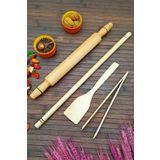 Mrsstore Oklava Merdane Seti Doğal Ahşap 4lü Set 50 cm Oklava Sabit Merdane Spatula, Maşa