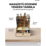 Mrx-Org Masaüstü Organizer | 9 Bölmeli Kalemlik, Çekmeceli Masa Düzenleyici, Ahşap Ofis Organizer - Akçaağaç